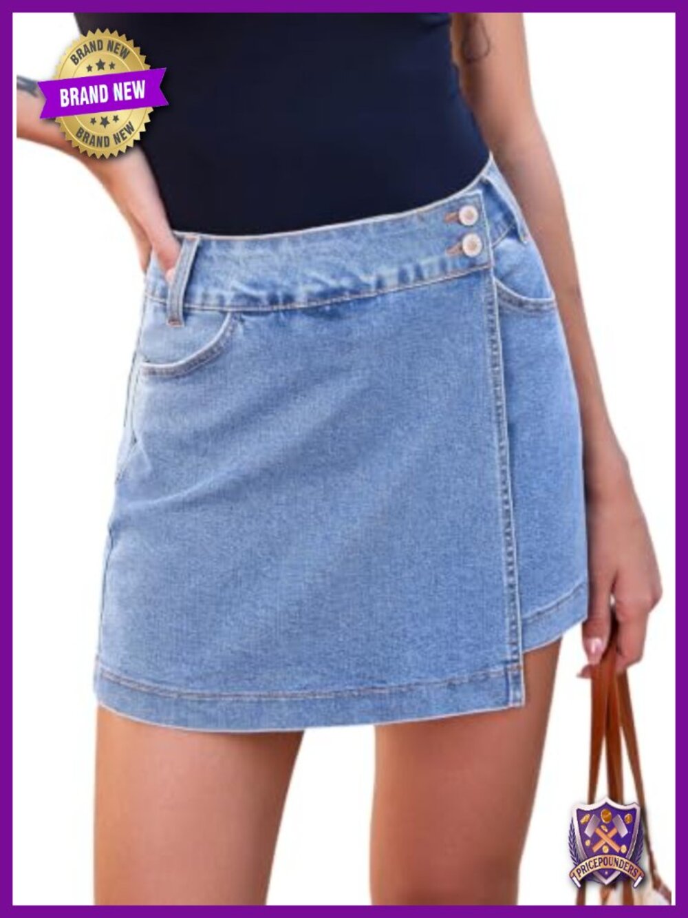 High Waisted Stretchy Denim Skort Asymmetrical Mini with Pockets